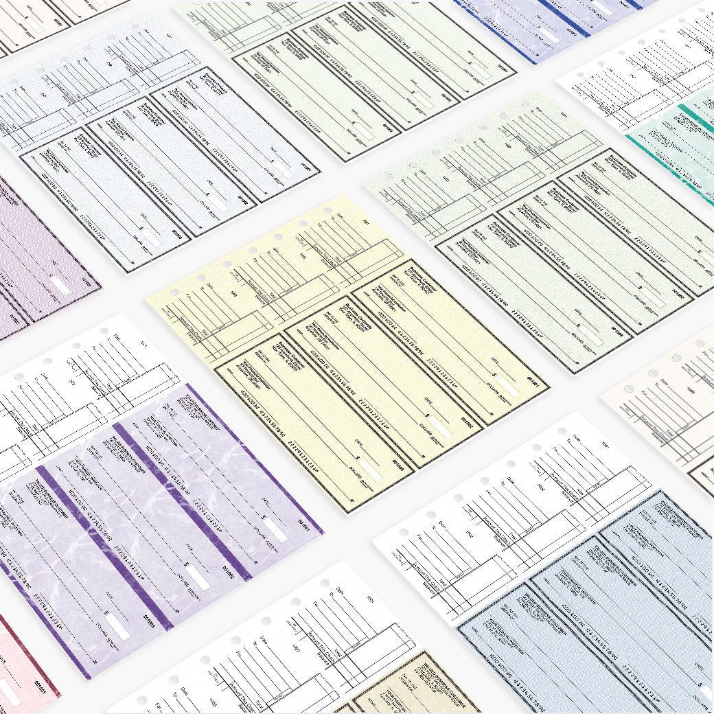 3-per-page business manual checks aranged on a clean background in multiple colors