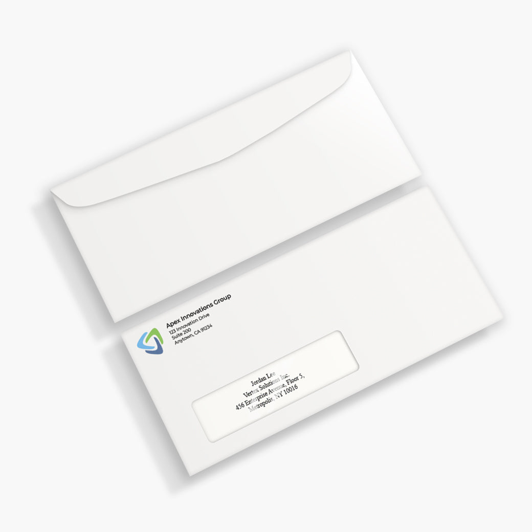 front and back of a #10 envelope with a window, customized
