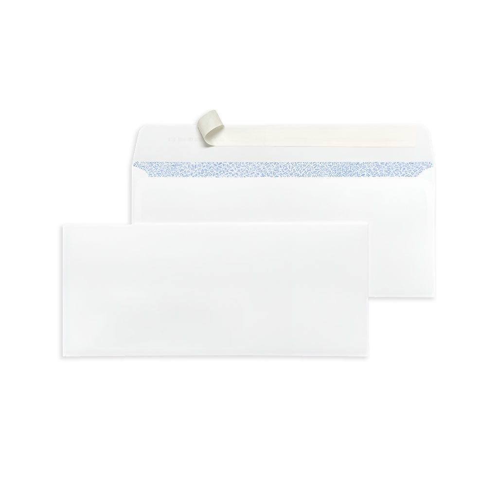 Peel and seal no10 envelopes, one showing the front and one showing the back with the plastic strip partially peeled on a white background