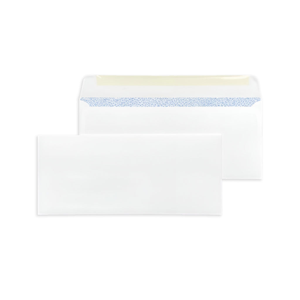 Front and back of a white security-tinted #10 envelope on a white background