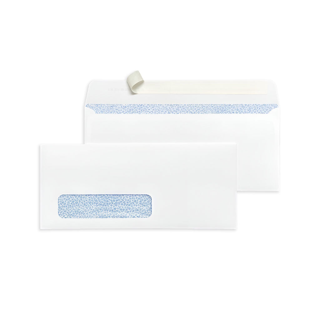 White envelopes with blue security tint on a white background