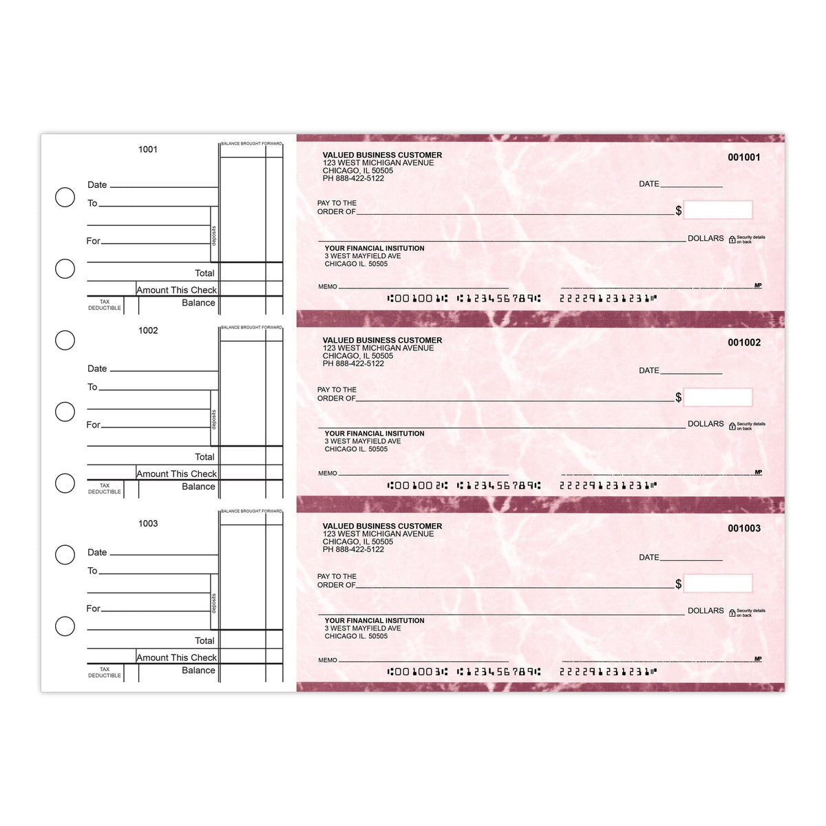 Manual Checks For Business With Stub, 3 To A Page - Blue