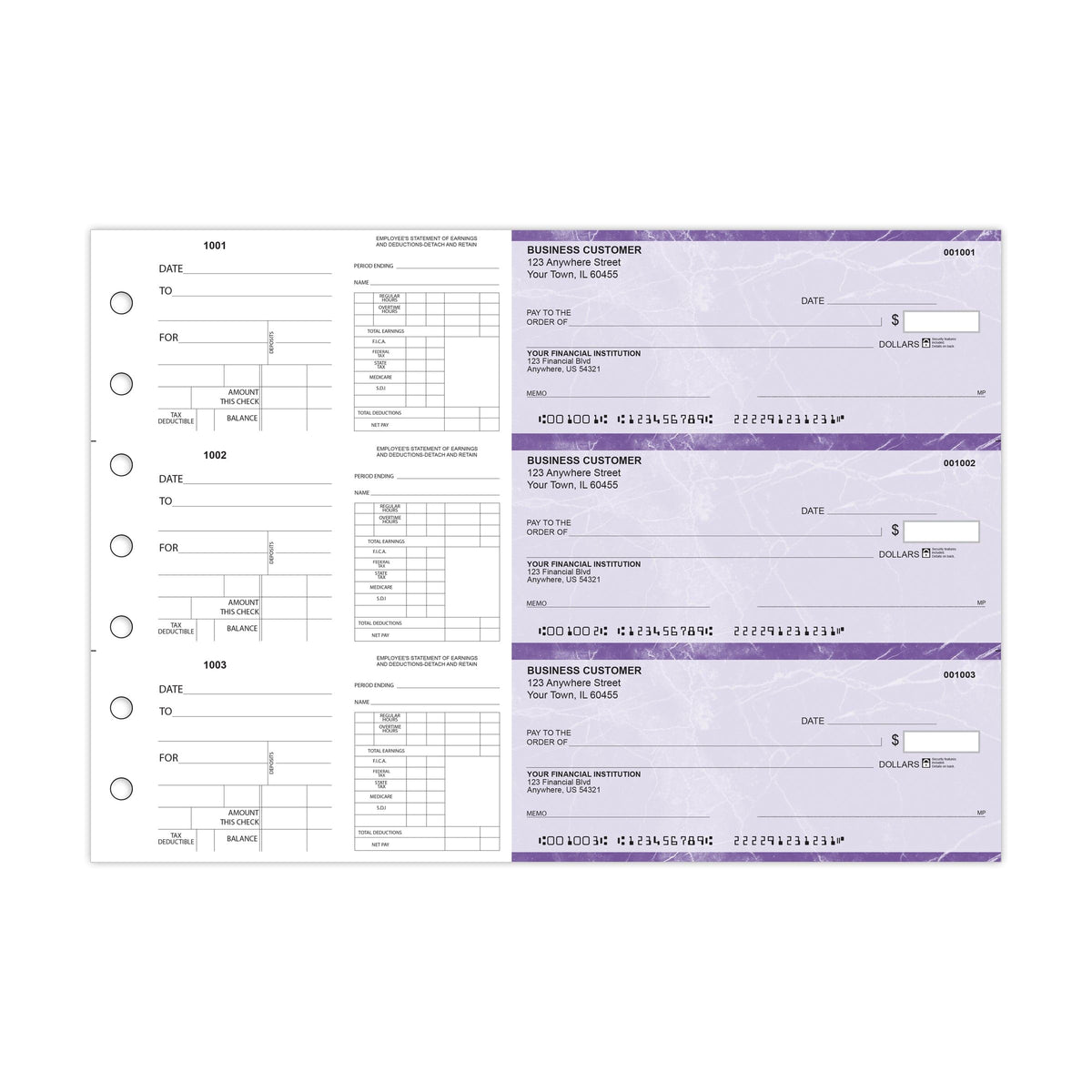 Dual-Purpose Manual Payroll Checks, 3-Per-Page Binder Format - Check Depot