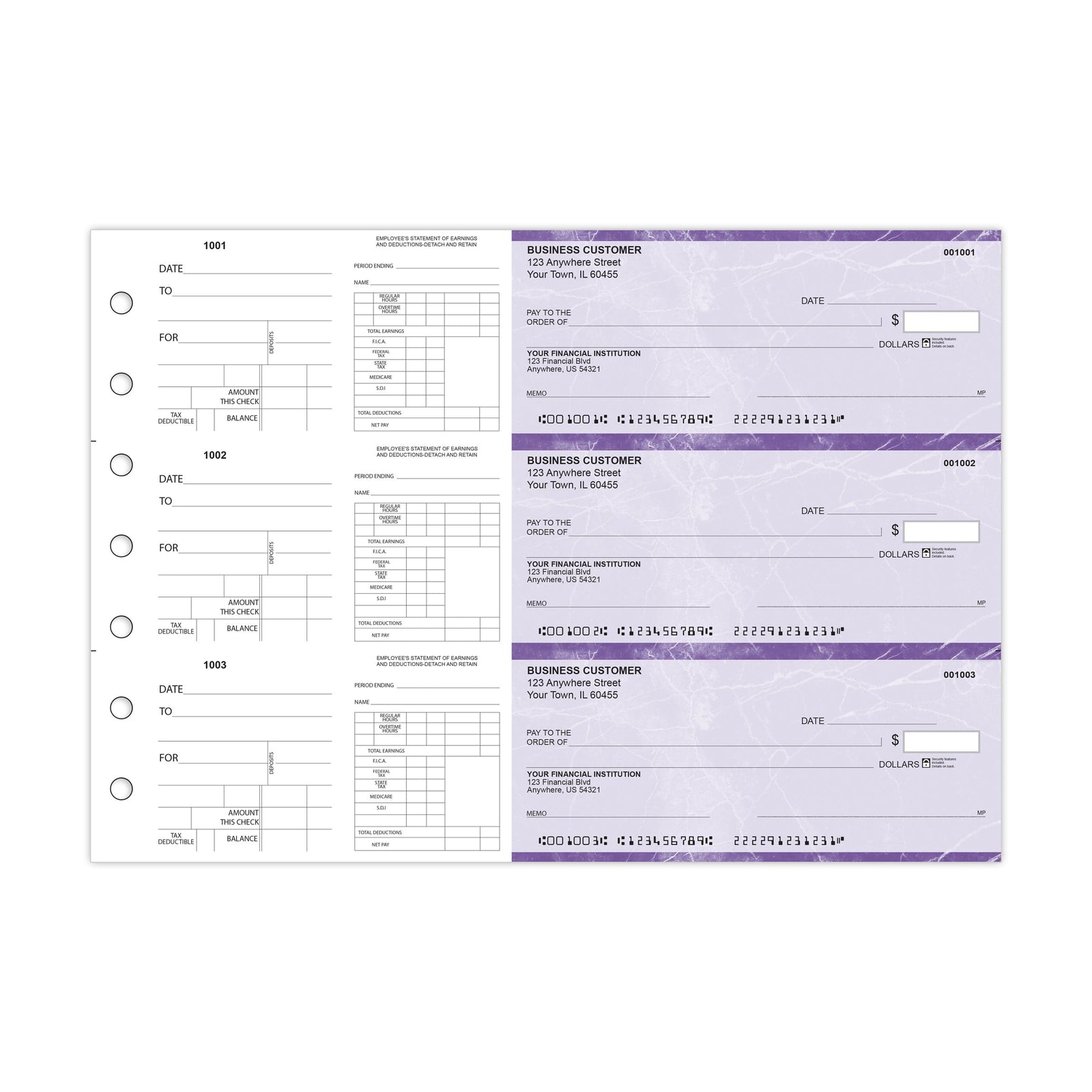 Dual-Purpose Manual Payroll Checks, 3-Per-Page Binder Format - Check Depot