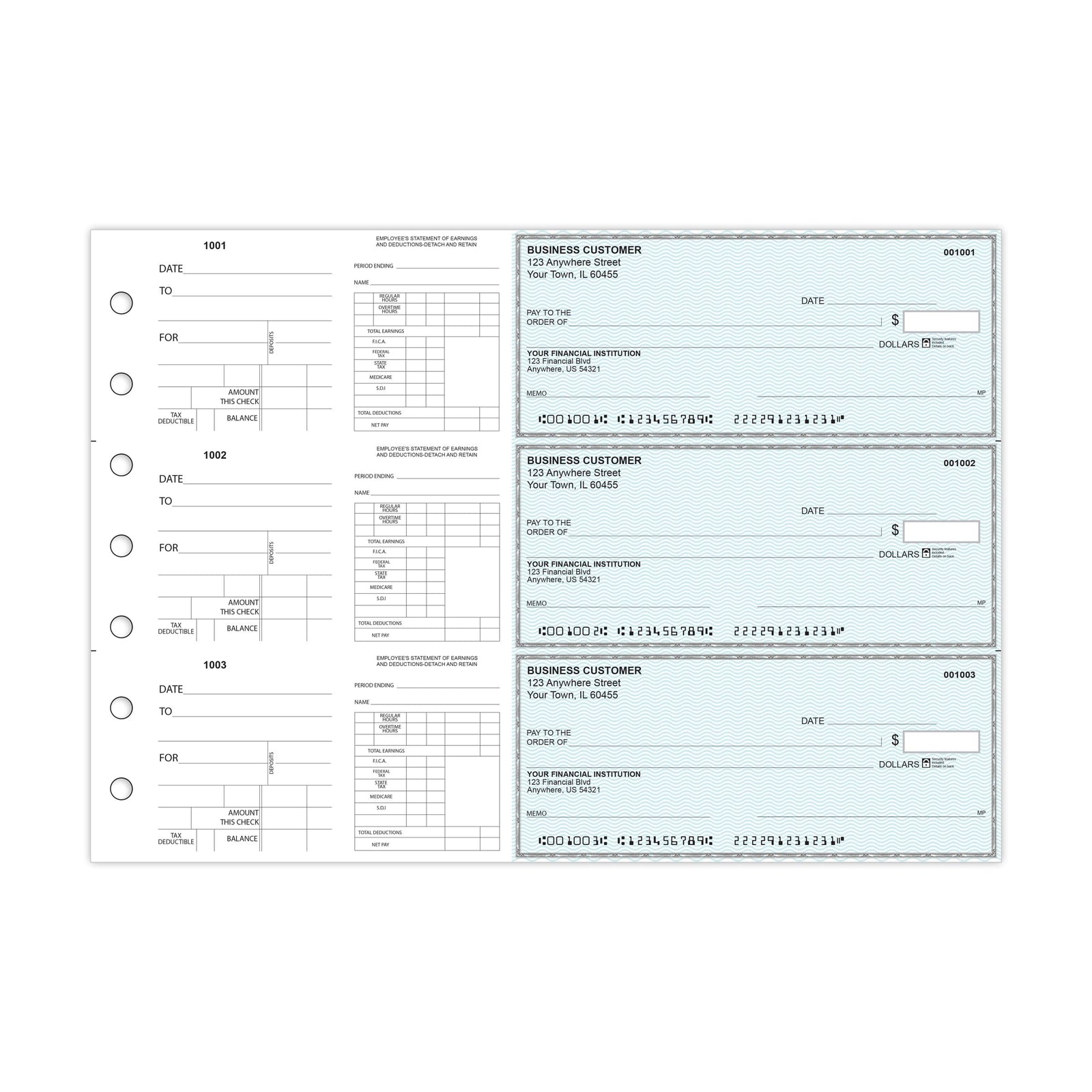Dual-Purpose Manual Payroll Checks, 3-Per-Page Binder Format - Check Depot
